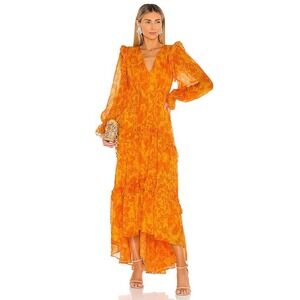 AMUR Allegra Gown Orange 100% Silk High Low Tiered Ruffle V-Neck Maxi Dress Smal
